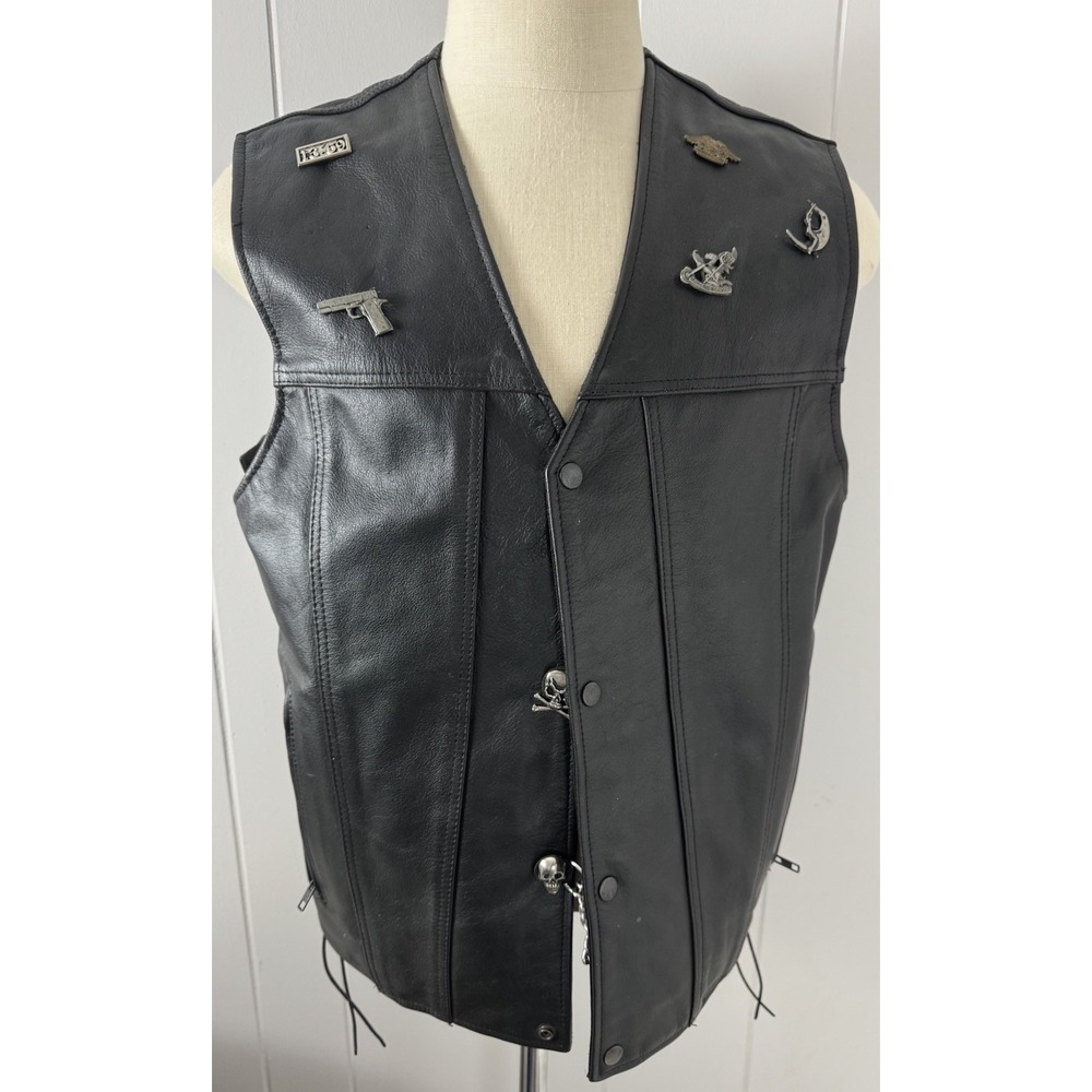 Unik Premium Leather Vest Men's Size XL Black Classic Biker Motorcycle With Pins - Picture 2 of 12